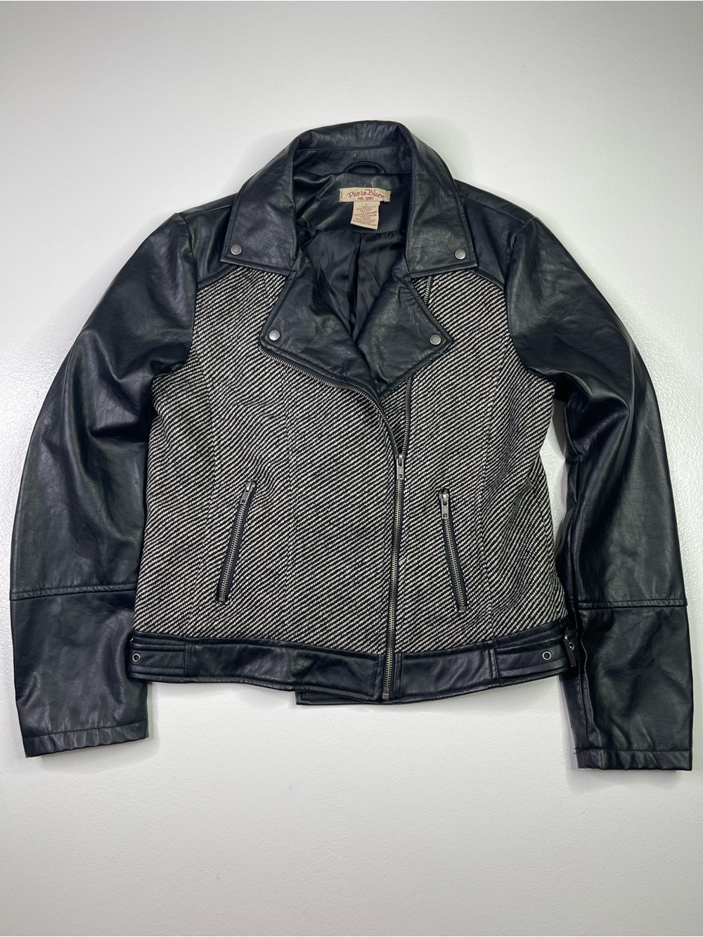 Paris Blues Tweed Mixed Media Faux Leather Moto Biker Jacket Women’s Size Large